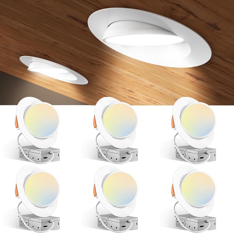 Amico 6 Pack 6 Inch 5CCT Gimbal LED Recessed Lighting, 360°&90° Adjustable Eyeball Directional Downlight, Dimmable, 2700K/3000K/3500K/4000K/5000K Selectable, CRI90+ 12W 1200LM, ETL&FCC - Image 1